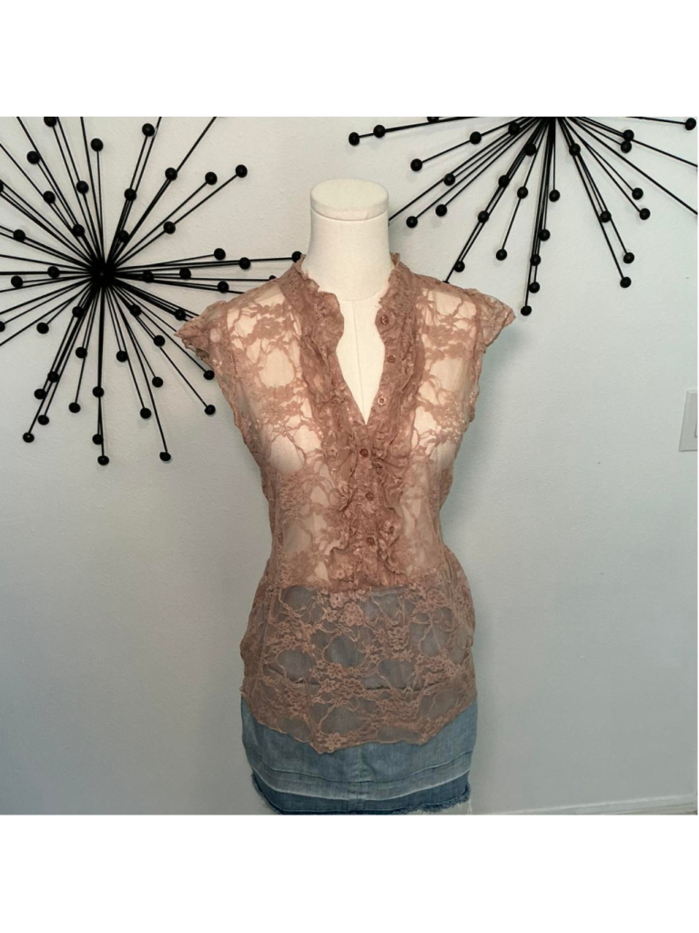 Papaya Tan Lace Ruffle Blouse Medium Romantic Sheer Top Boho Feminine